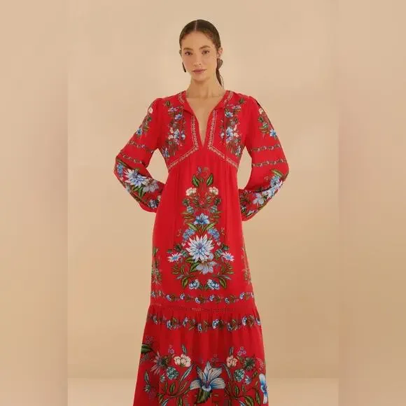 Farm Rio Red Sweet Bloom Bouquet Midi Dress L - Picture 7 of 9